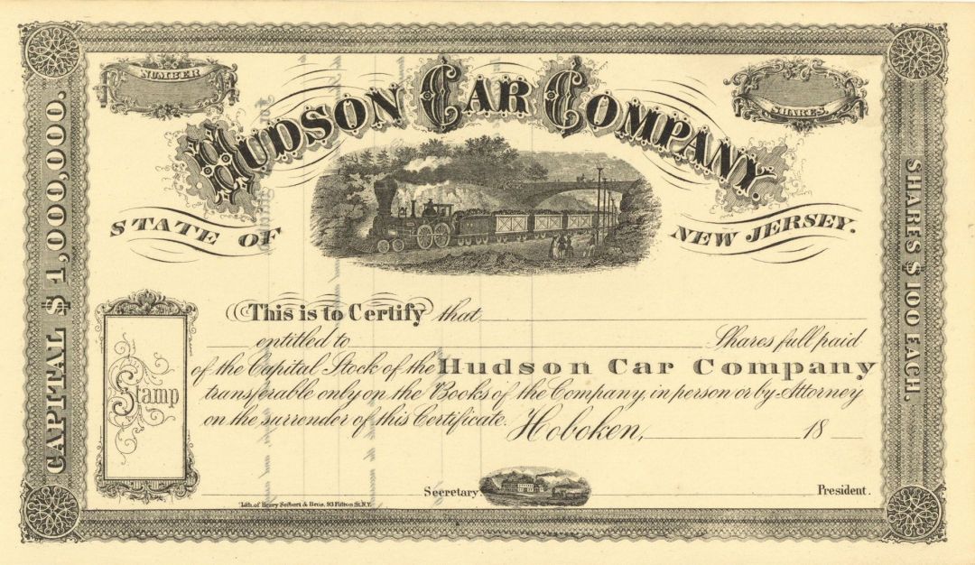 Hudson Car Co (Railroad Cars) - Hoboken, New Jersey Unissued Railway Stock Certificate