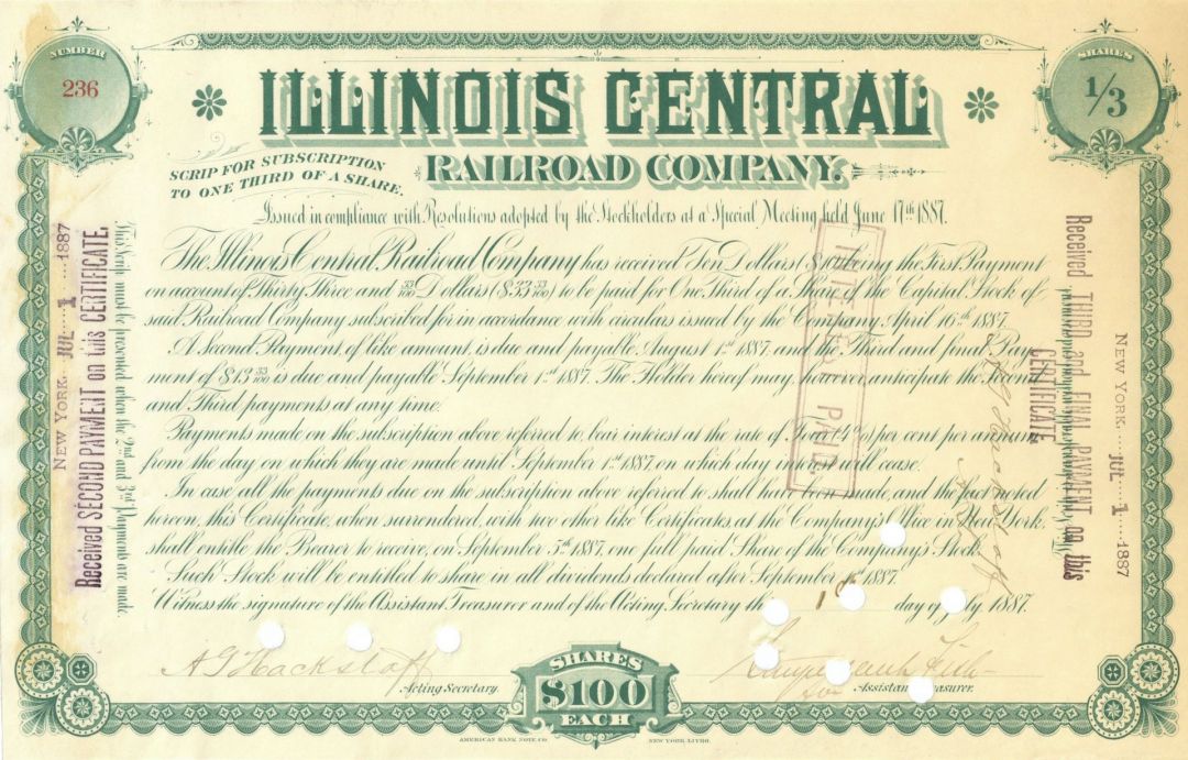 Illinois Central Railroad Co. signed by Stuyvesant Fish - 1887 dated Autograph Stock Certificate