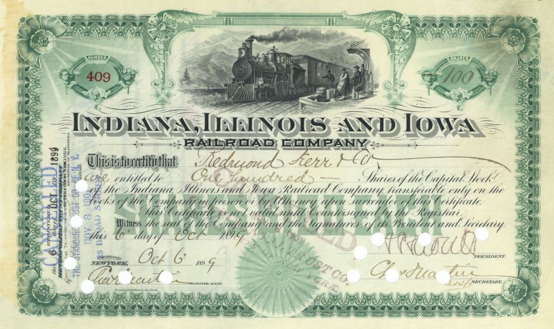 Indiana, Illinois and Iowa Railroad - Railway Stock Certificate