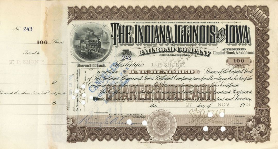 Indiana, Illinois and Iowa Railroad Co. - Stock Certificate