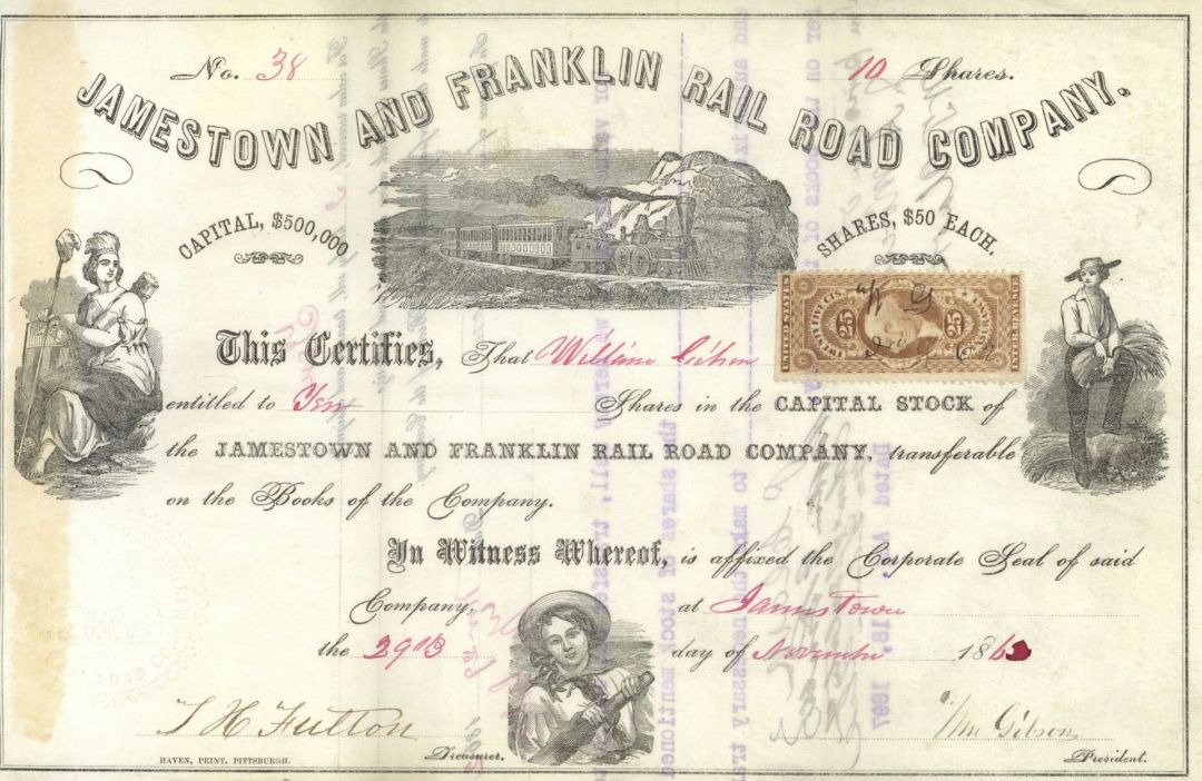 Jamestown and Franklin Railroad - 1862-96 dated Pennsylvania Railway Stock Certificate