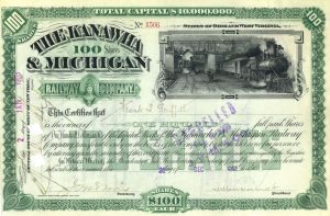 Kanawha & Michigan Railway Co. - dated 1890-1910 Railroad Stock Certificate