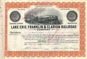 Lake Erie, Franklin and Clarion Railroad Co - Railway Stock Certificate