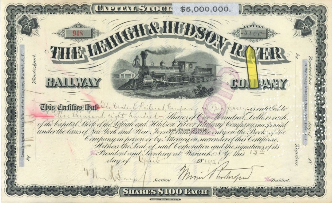 Lehigh and Hudson River Railway Co. - High Denominations Railroad Stock Certificate from New Jersey, New York & Pennsylvania
