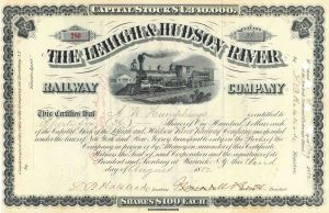 Lehigh and Hudson River Railway Co. - 1880's-90's dated Railroad Stock Certificate from New Jersey, New York & Pennsylvania