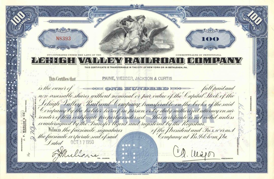 Lehigh Valley Railroad Co. - Pennsylvania Railway Stock Certificate