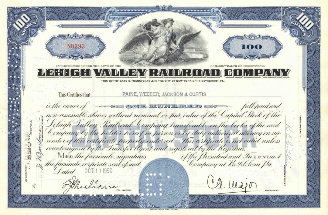 Lehigh Valley Railroad Co. - 1950's dated Pennsylvania Railway Stock Certificate