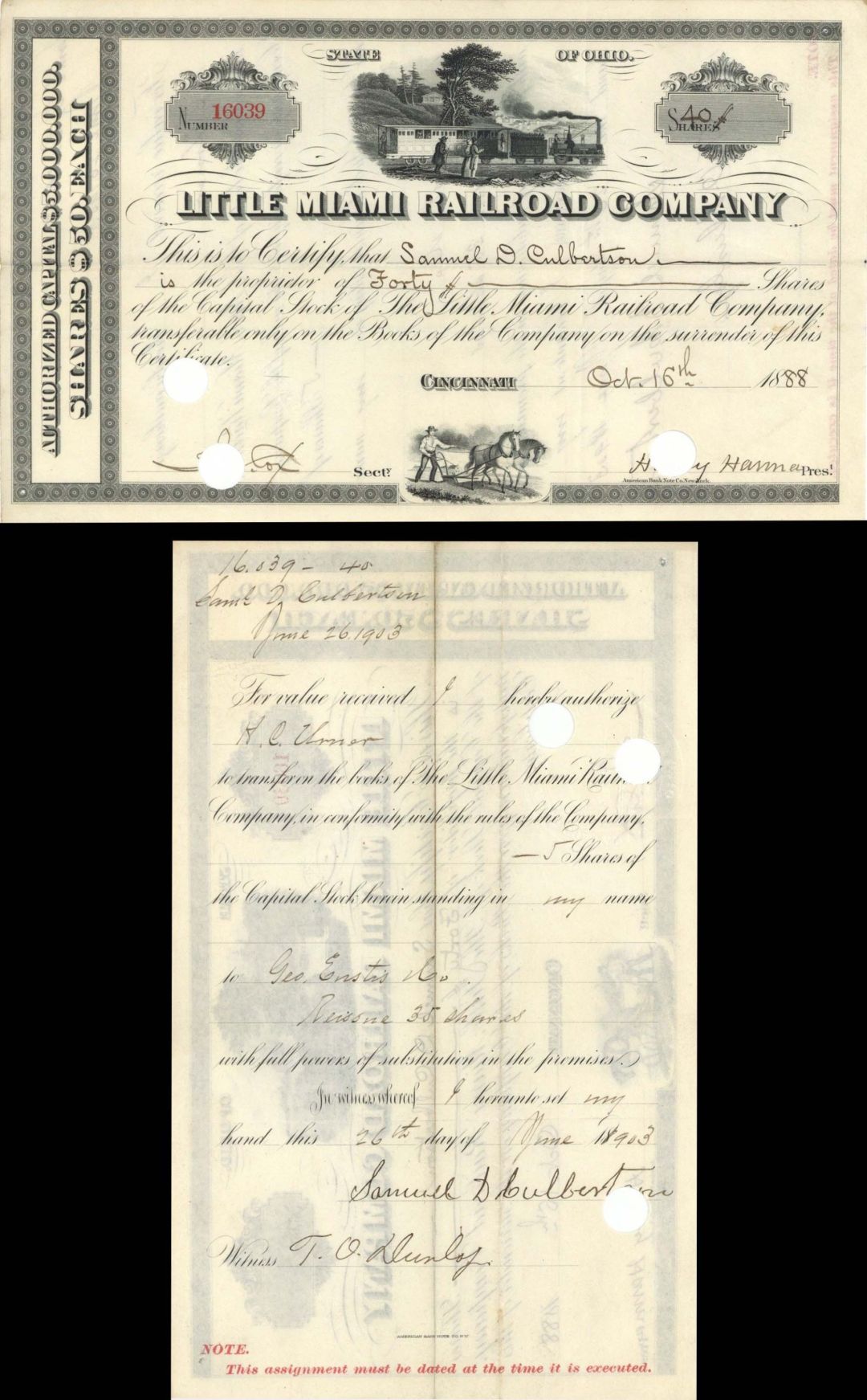 Little Miami Railroad Co. - 1880's-1890's dated Railway Stock Certificate