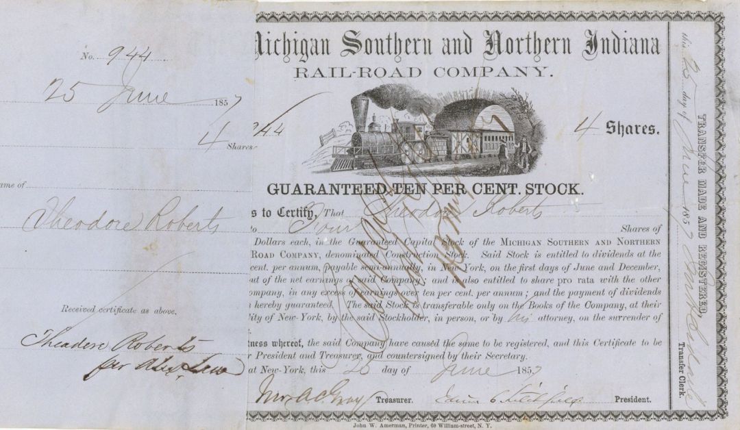 Michigan Southern and Northern Indiana Rail-Road Co. - 1850's dated Railway Stock Certificate