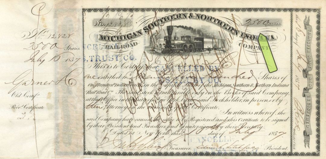 Michigan Southern and Northern Indiana Railroad Co. - High Denomination Railway Stock Certificate