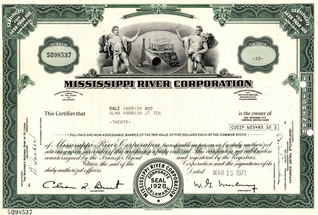 Mississippi River Corporation - Railroad Holding Stock Certificate