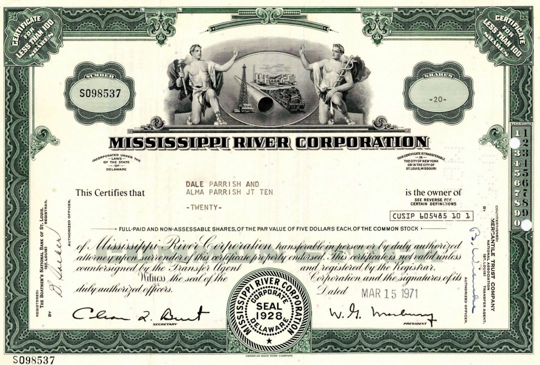Mississippi River Corporation - Railroad Holding Stock Certificate