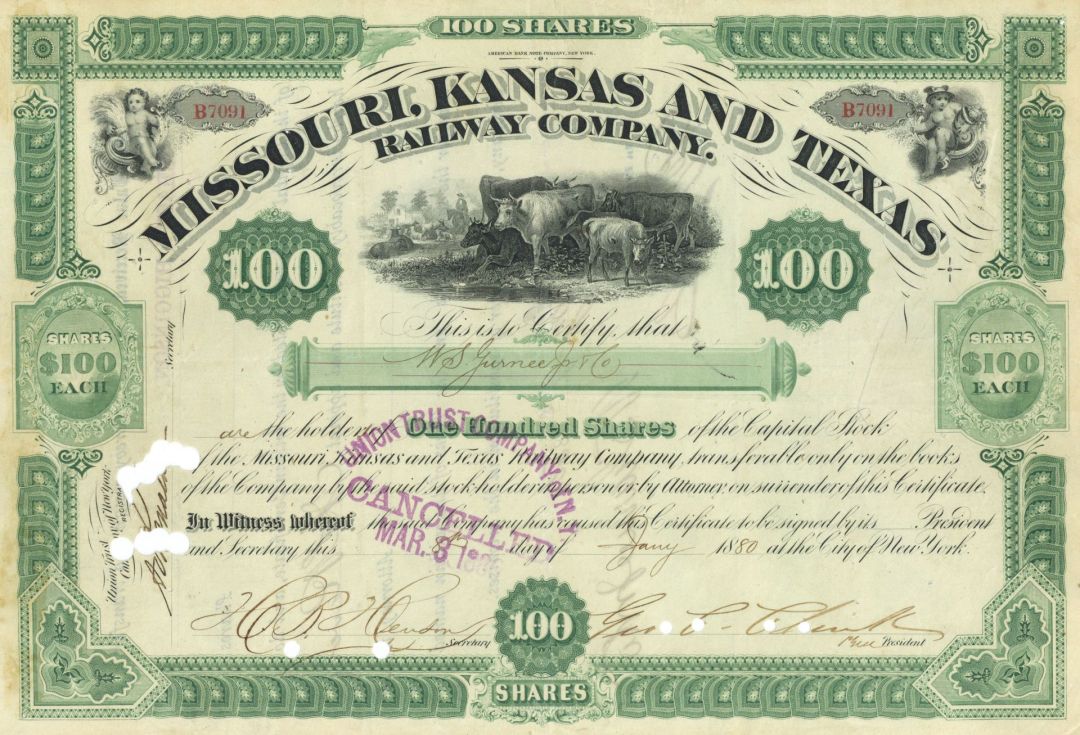 Missouri, Kansas and Texas Railway Co. - The Katy - 1870's-80's dated Railroad Stock Certificate