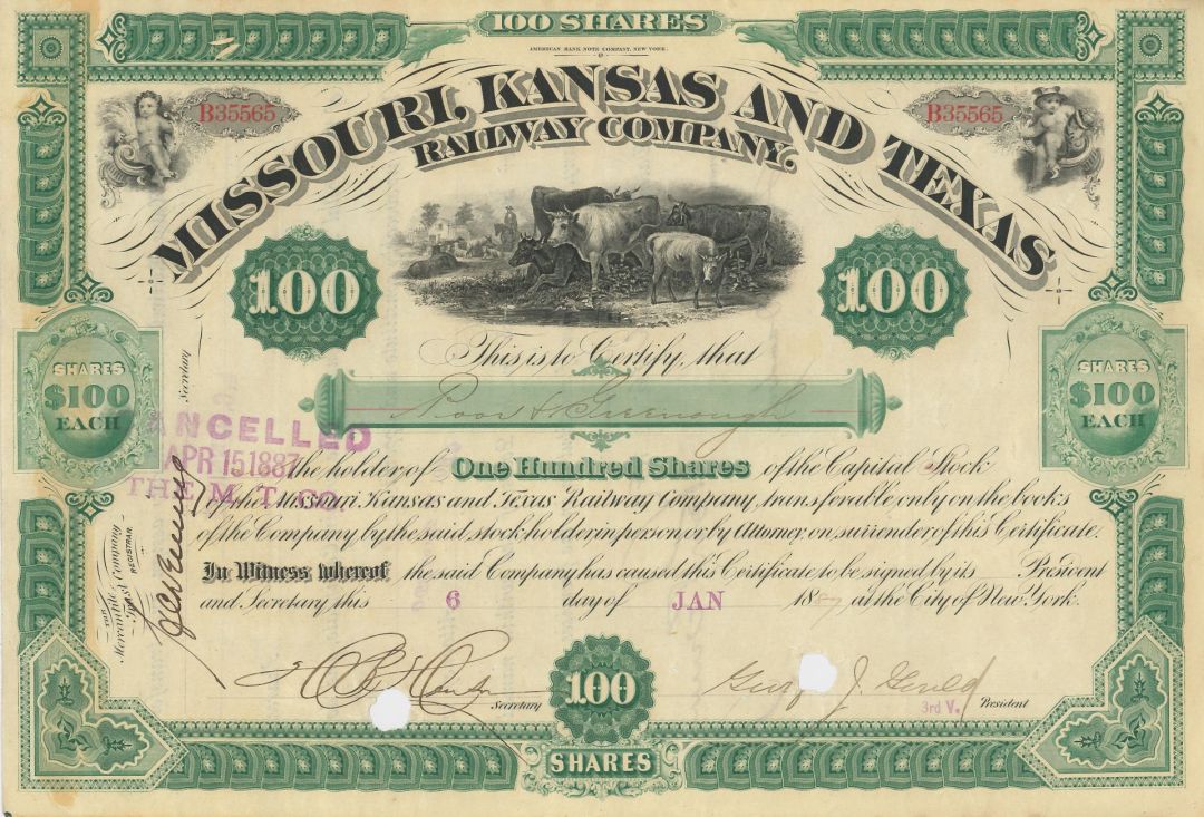 Missouri, Kansas and Texas Railway Co. - "The Katy" - dated 1870's-80's Railroad Stock Certificate
