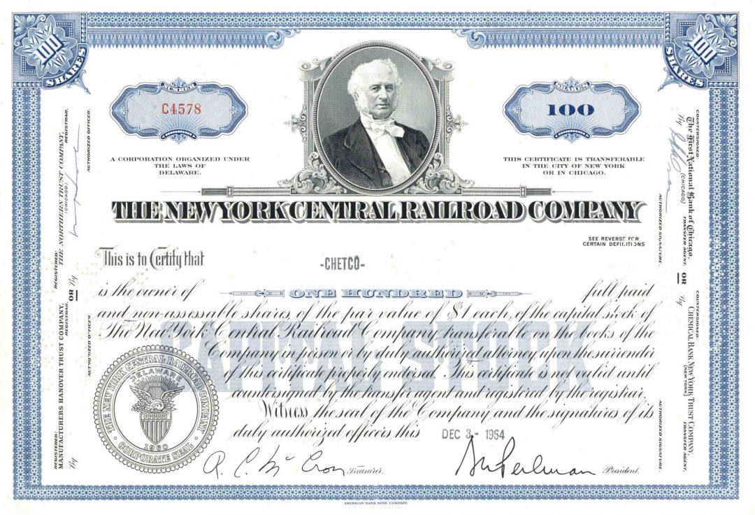 New York Central Railroad Co. - Commodore Cornelius Vanderbilt Vignette - 1920's-60's dated Railway Stock Certificate