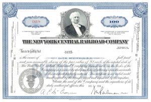 New York Central Railroad Co. - Commodore Cornelius Vanderbilt Vignette - dated 1920's-60's Railway Stock Certificate