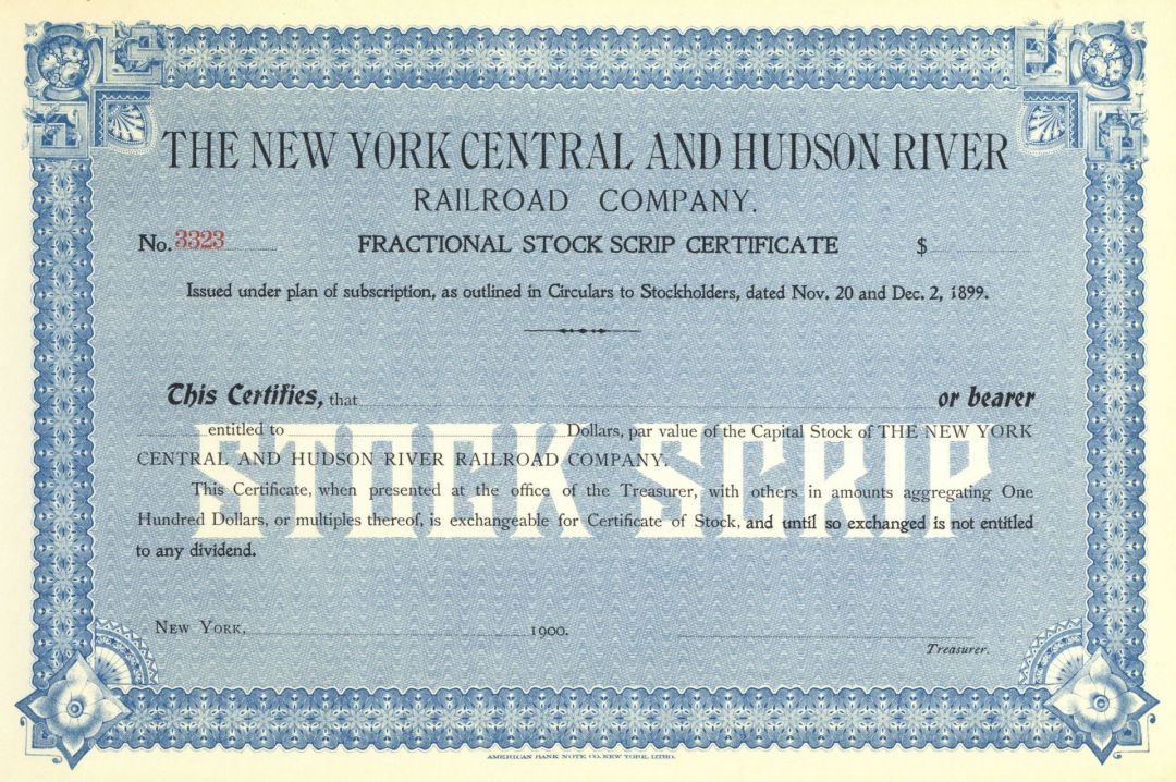 New York Central and Hudson River Railroad - Unissued Railway Fractional Stock Certificate
