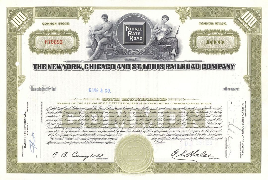 New York, Chicago and St. Louis Railroad Co. - 1950's-60's dated Railway Stock Certificate