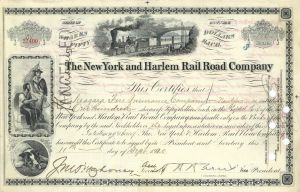 New York and Harlem Rail Road - Railway Stock Certificate - New York Railroad