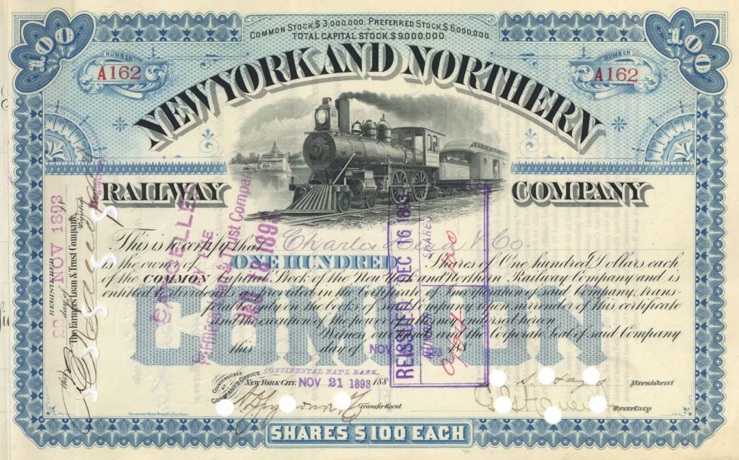 New York and Northern Railway Co. - Railroad Stock Certificate