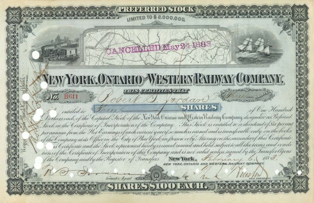 New York, Ontario and Western Railway - 1883 dated Railroad Stock Certificate