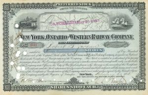 New York, Ontario and Western Railway - 1883 dated Railroad Stock Certificate