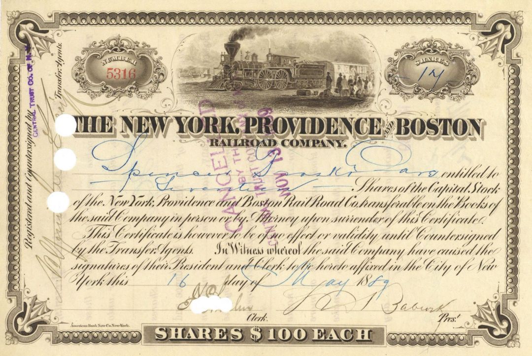 New York, Providence and Boston Railroad - 1880's dated Railway Stock Certificate