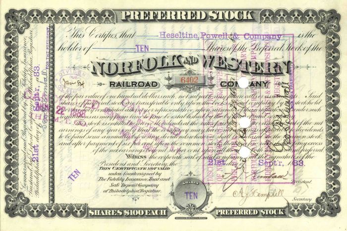 Norfolk and Western Railroad - dated 1880's Railway Stock Certificate - Black Rare Type