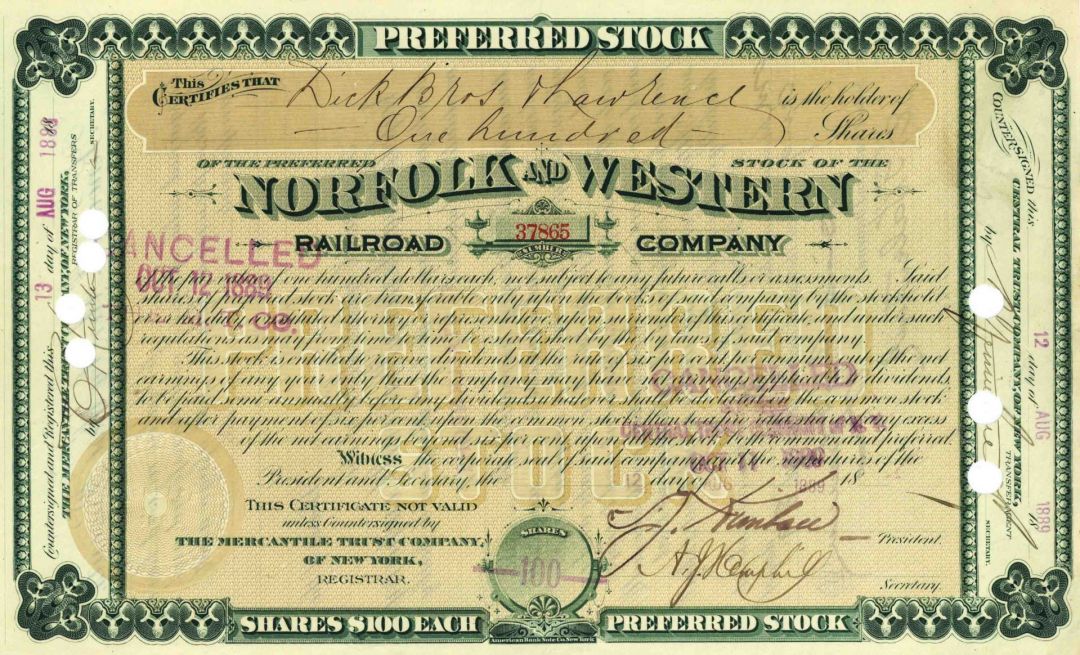 Norfolk and Western Railroad Co. - 1880's dated Railway Stock Certificate - Very Historic