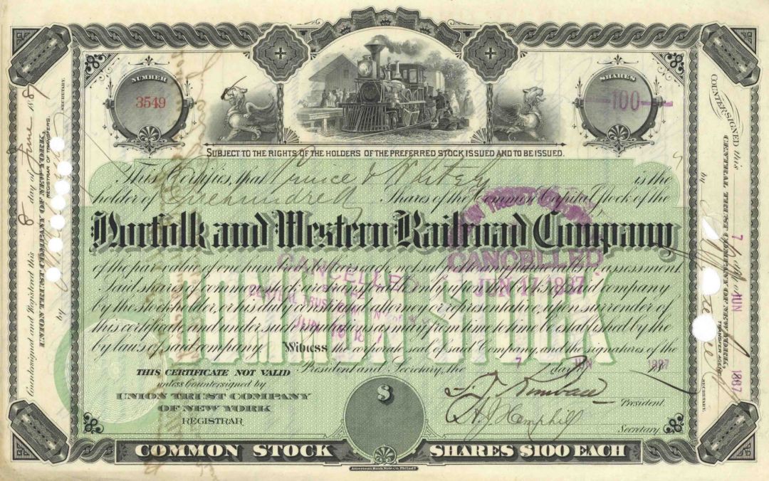 Norfolk & Western Railroad Co. - Only 1 Left of This Type - 1887 dated Railway Stock Certificate