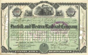 Norfolk & Western Railroad Co. - Only 1 Left of This Type - 1887 dated Railway Stock Certificate