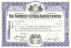 Northern Central Railway Co. - 1960's-70's dated Railroad Stock Certificate