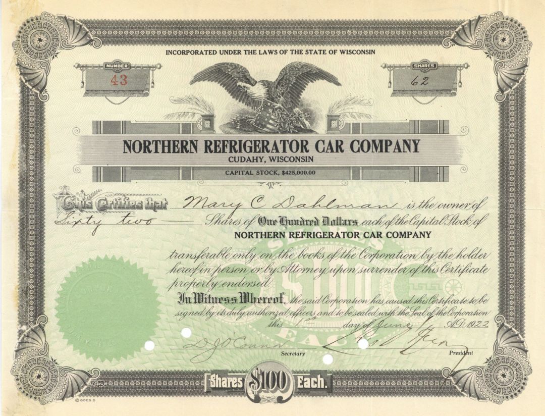 Northern Refrigerator Car Co. - Wisconsin Railway Refrigeration Car Stock Certificate