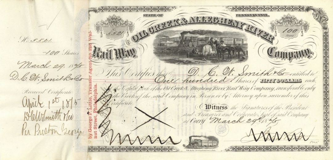 Oil Creek and Allegheny River Railway - Pennsylvania Railroad Stock Certificate