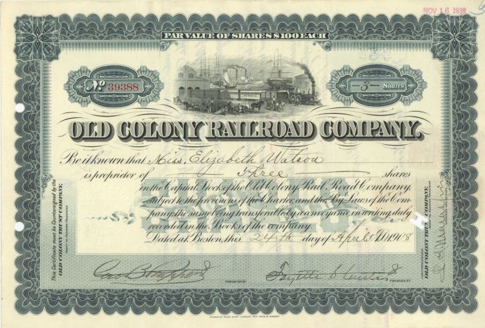 Old Colony Railroad Co. - 1908 dated Massachusetts Railway Stock Certificate