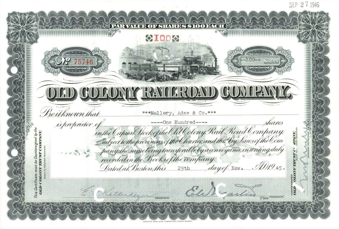 Old Colony Railroad Co. - 1920's-40's dated Massachusetts Railway Stock Certificate