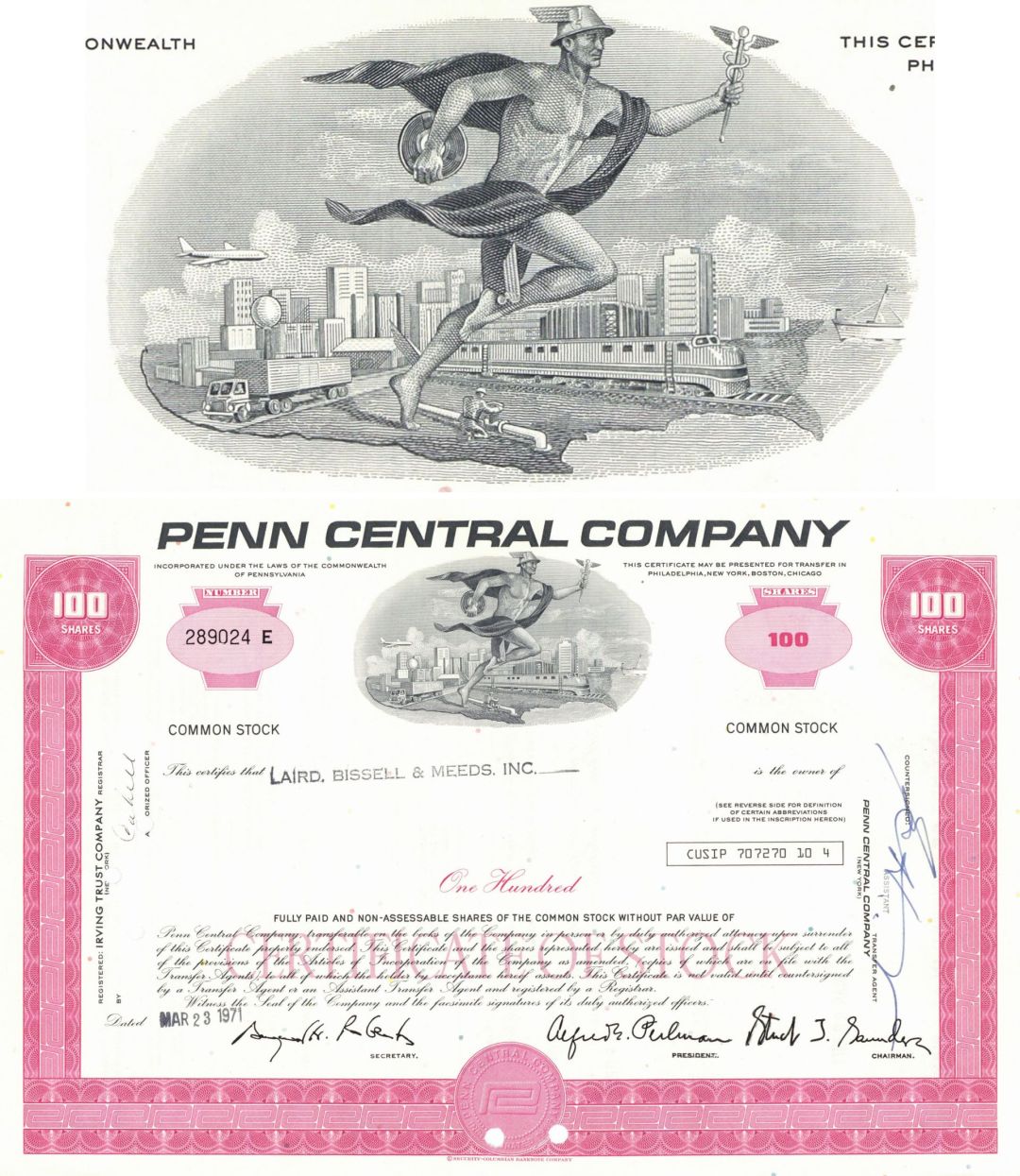 Penn Central Co. - 1970's dated Pennsylvania Railway Stock Certificate - Great Railroad History - Available in Purple, Brown, Blue or Red - Please Specify Color