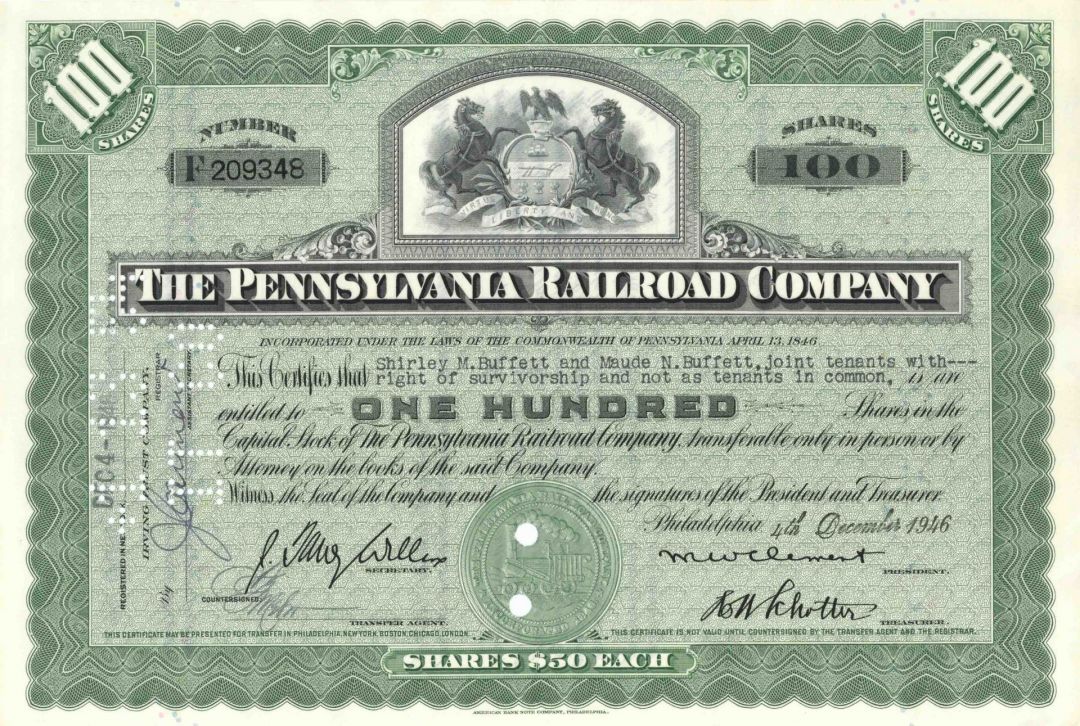 Pennsylvania Railroad Co. - 1930's-50's dated Railway Stock Certificate - Monopoly Game Railroad
