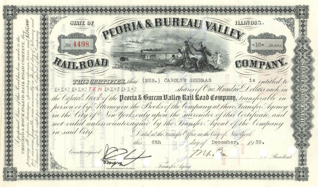 Peoria and Bureau Valley Railroad Co. - dated 1880's-1950's Indian Vignette Railway Stock Certificate