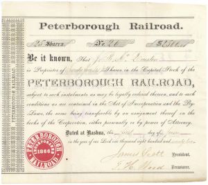 Peterborough Railroad - 1870's dated New Hampshire Railway Stock Certificate