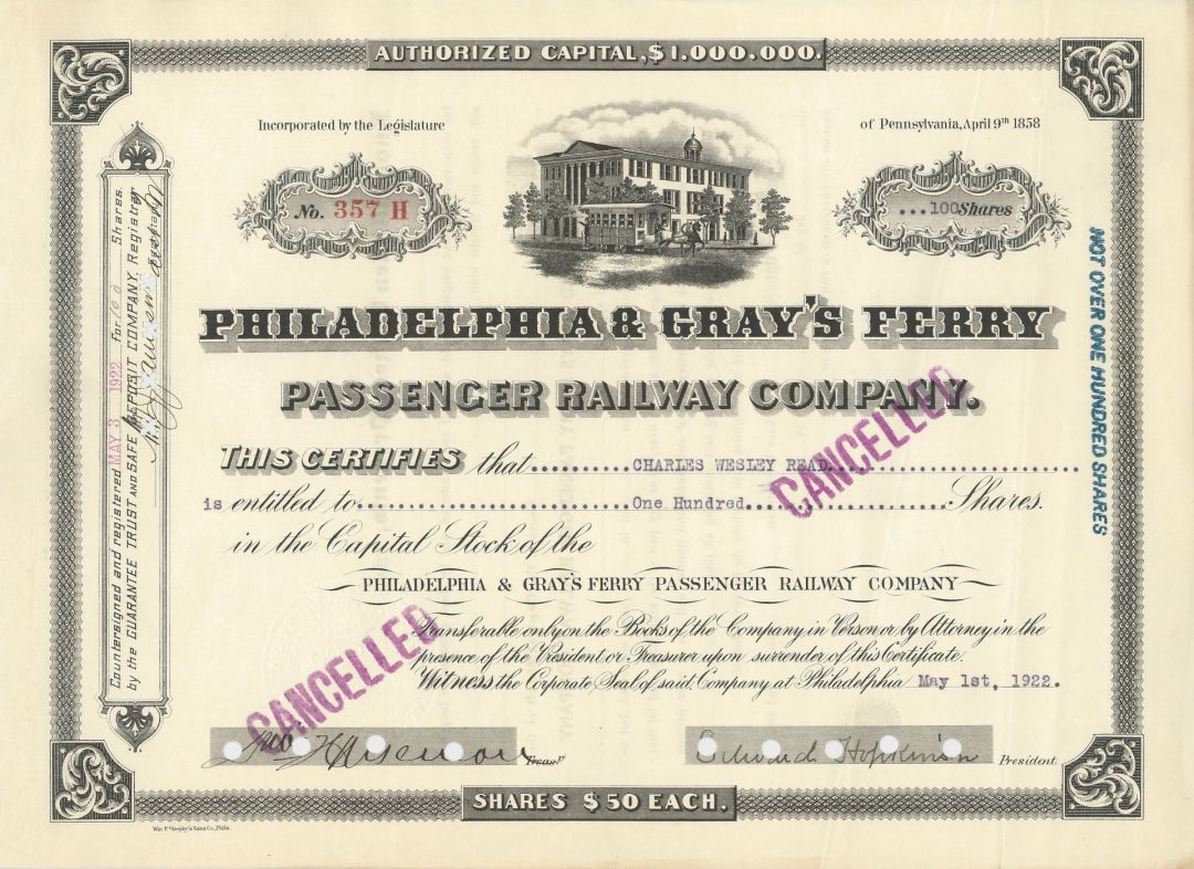 Philadelphia and Gray's Ferry Passenger Railway Co. - 1910-21 dated Railroad Stock Certificate