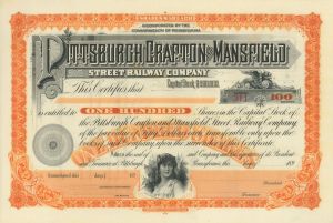 Pittsburgh, Crafton and Mansfield Street Railway - 1890's Unissued Pennsylvania Railroad Stock Certificate