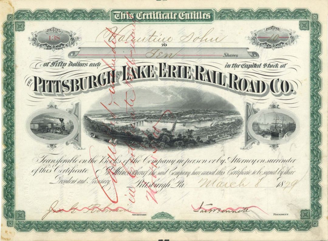 Pittsburgh and Lake Erie Railroad Co. - 1879 dated Railway Stock Certificate