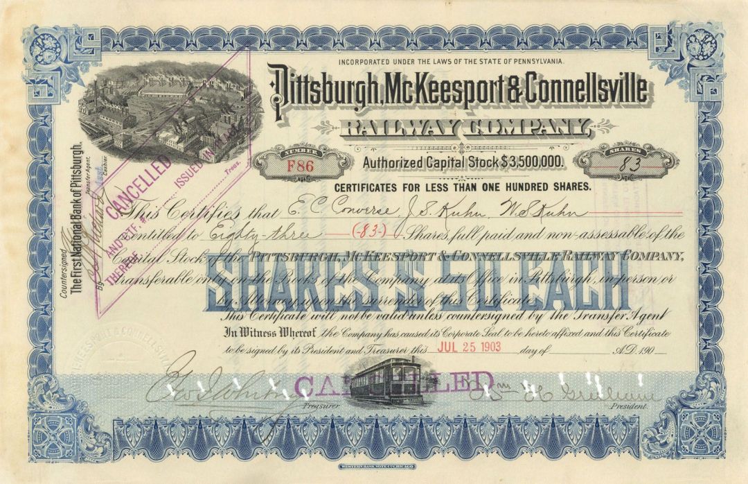 Pittsburgh, Mckeesport and Connellsville Railway Co. - 1900's-1910's dated Railroad Stock Certificate