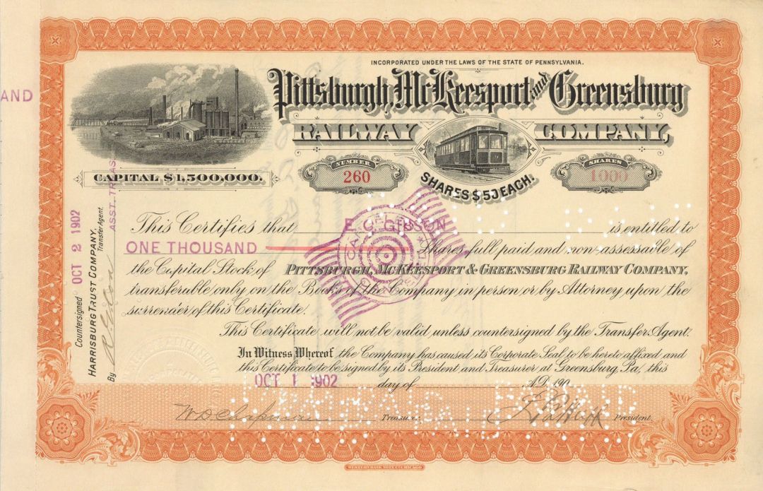 Pittsburgh, Mckeesport and Greensburg Railway - dated 1900's Electric Railroad Stock Certificate