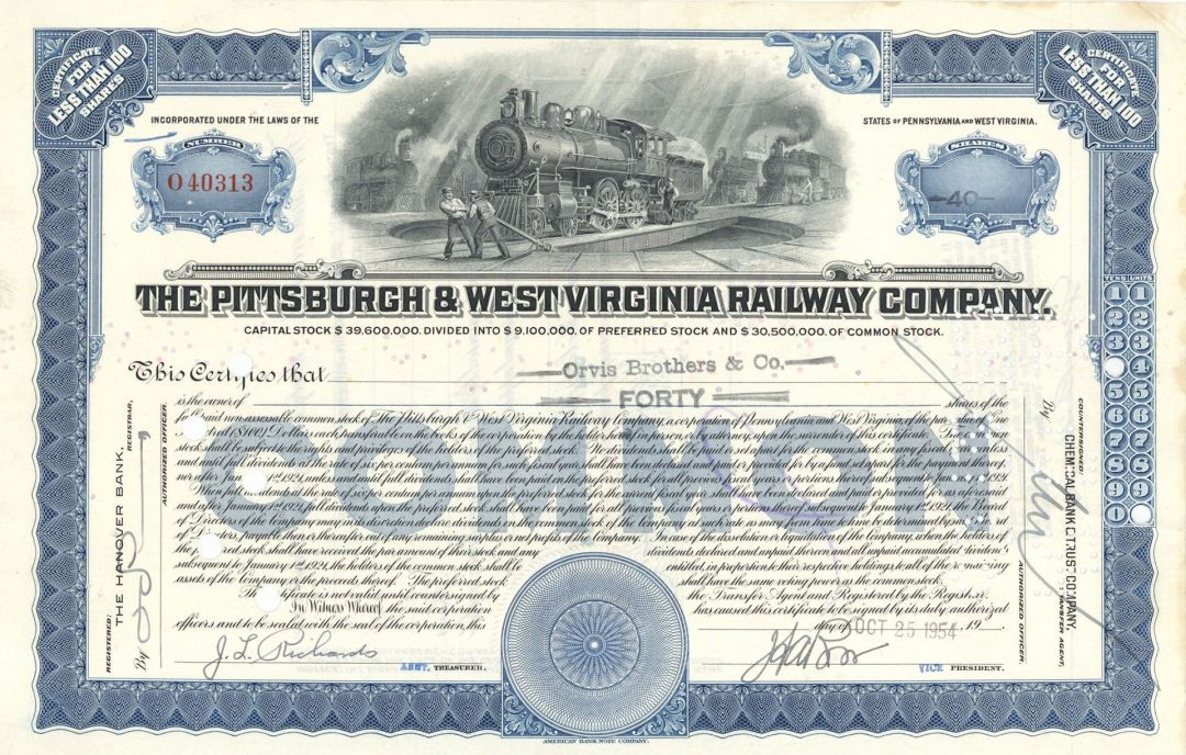 Pittsburgh and West Virginia Railway Co. - 1940's-50's dated Railroad Stock Certificate