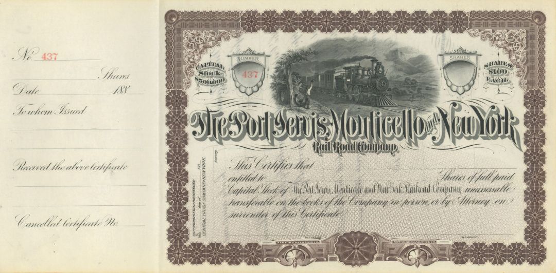 Port Jervis, Monticello and New York Railroad Co. - 1880's dated Unissued Railway Stock Certificate - Cut Cancel with Tape As Usual