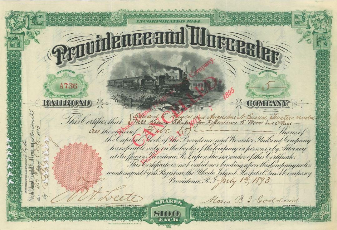 Providence and Worcester Railroad Co. - 1880's Railway Stock Certificate - Rhode Island & Massachusetts