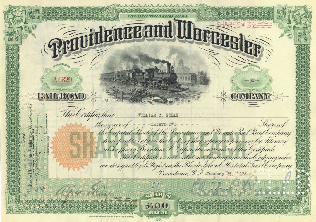 Providence and Worcester Railroad Co. - dated 1920's-50's Railway Stock Certificate