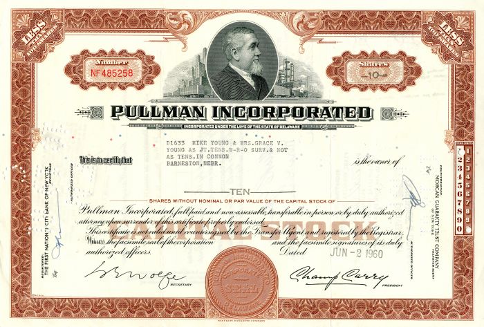 Pullman Incorporated - 1970's dated Railroad Car Manufacturer Stock Certificate - Available in Brown or Olive